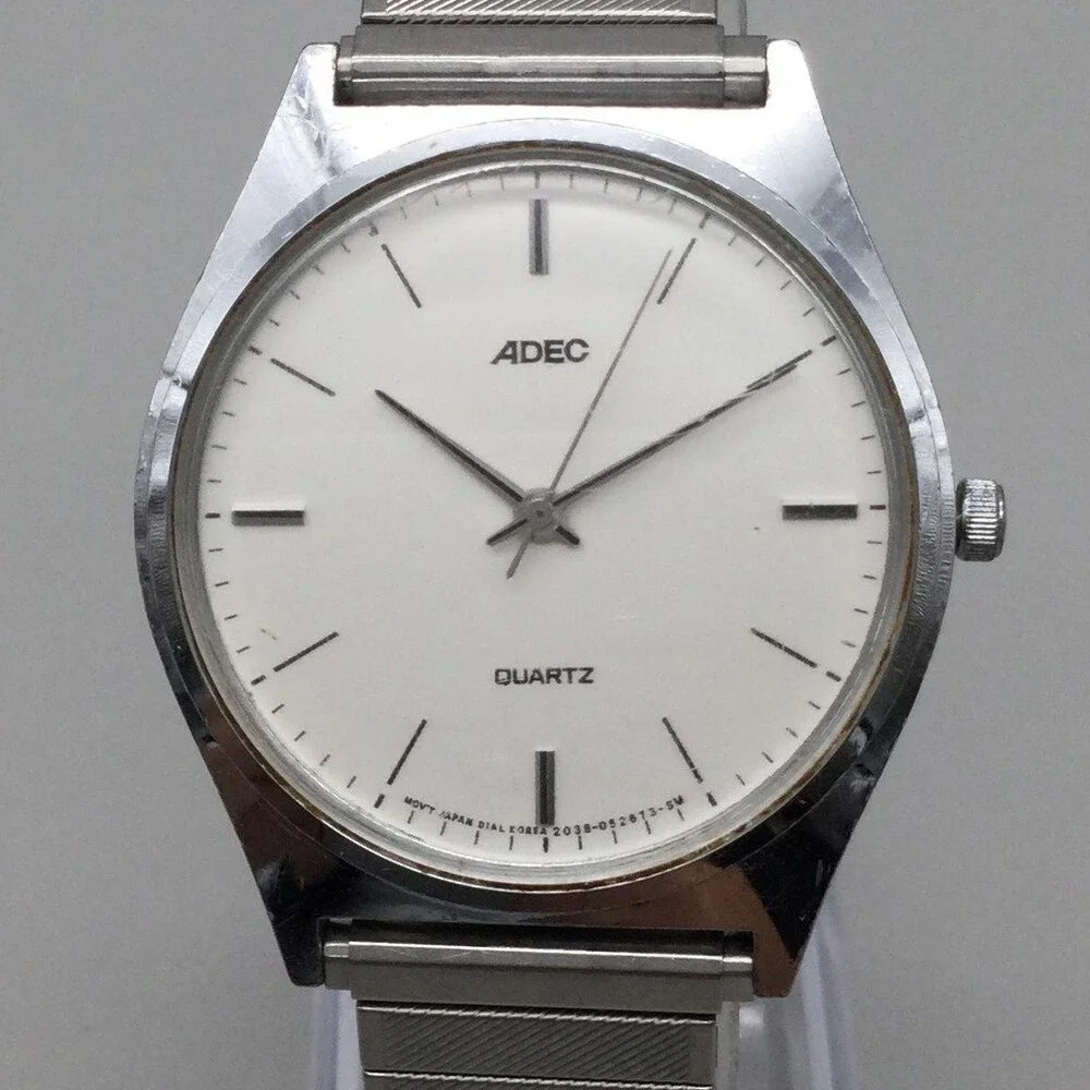 ADEC Mens Watch 33mm White Dial Silver Tone Expansion Band New Battery